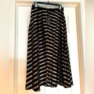 Alfani black with gold metallic stripe A-line midi skirt, size 4.